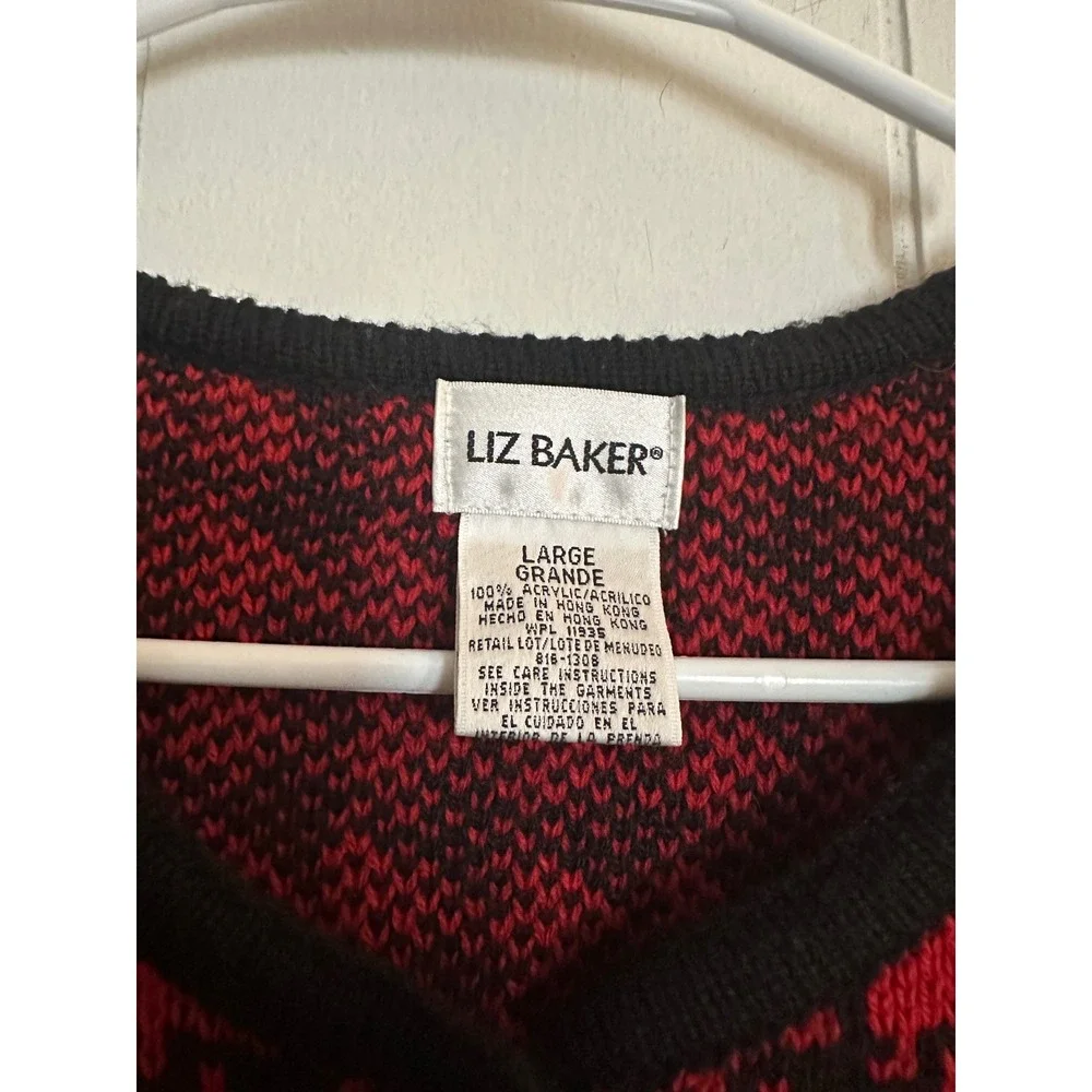 Liz Baker Womens Large Red Black Houndstooth Button Front Cardigan Sweater - Picture 3 of 7
